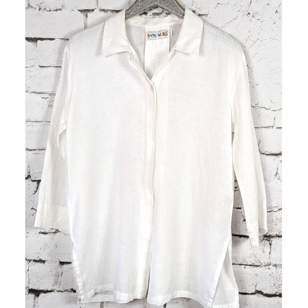 JAMS WORLD 100% Linen Button-Front Tunic Shirt Ivory Beachy Boho Classic Large